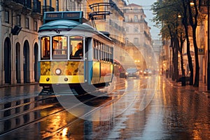 A trolley car makes its way down a city street amidst rainfall, Public trams in the streets of Lisbon, AI Generated