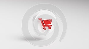 Trolley Cart Online Shop Red Glass Icon Button on Circle App Symbol 3D Render