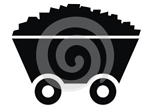 Trolley with coal, black vector icon