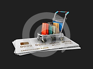Trolley on the credit cards with gift packages. 3d Illustration isolated Black