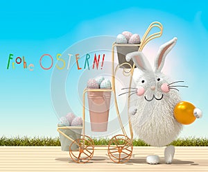 Trolley with Easter eggs, grass and Easter bunny