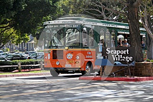 Trolley Bus Driving out of Seaport Village in San Diego