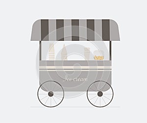 Trolley with ice cream. Cart and sweet, ice cream, kiosk and marketplace.