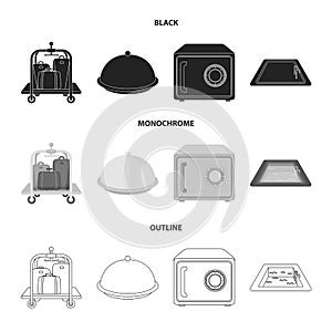 Trolley with luggage, safe, swimming pool, clutch.Hotel set collection icons in black,monochrome,outline style vector