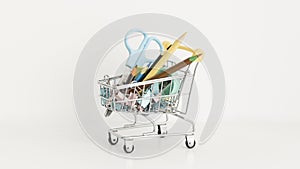 Trolley with school equipment on white