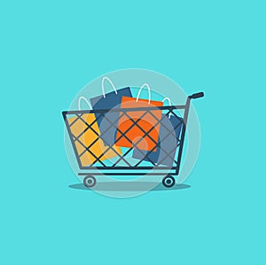 Trolley and shopping bags on blue background. Vector illustration for black friday