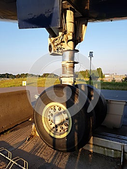 The trolley wheels of a jumbojet