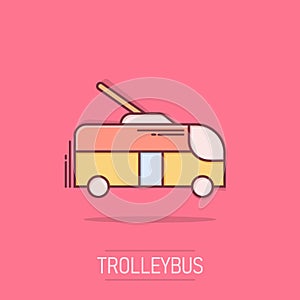 Trolleybus icon in comic style. Trolley bus cartoon vector illustration on isolated background. Autobus vehicle splash effect photo