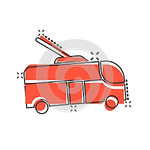 Trolleybus icon in comic style. Trolley bus cartoon vector illustration on white isolated background. Autobus vehicle splash