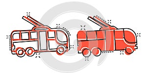 Trolleybus icon in comic style. Trolley bus cartoon vector illustration on white isolated background. Autobus vehicle splash