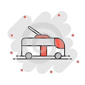 Trolleybus icon in comic style. Trolley bus cartoon vector illustration on white isolated background. Autobus vehicle splash