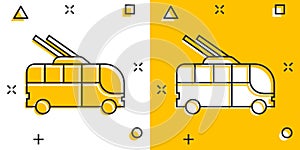 Trolleybus icon in comic style. Trolley bus cartoon vector illustration on white isolated background. Autobus vehicle splash