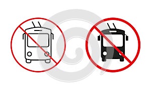 Trolleybus Not Allowed Road Sign. Ban Trolley Bus Circle Symbol Set. Electric Transport Prohibit Traffic Red Sign