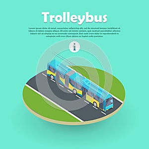 Trolleybus on Part of Road Web Banner. Flat 3d