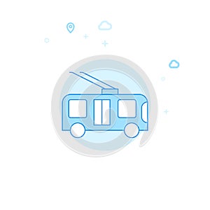 Trolleybus, Trackless Trolley Flat Vector Illustration, Icon. Light Blue Monochrome Design. Editable Stroke