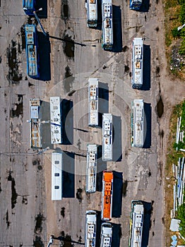 Trolleybuses in the parking lot at depot, top view