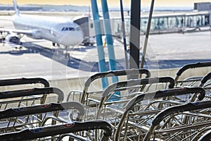 Trolleys at international airport. Runaway and finger. Travel ba