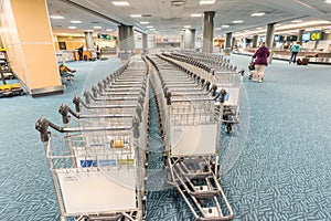 Trolleys for luggage of passengers in the airport building