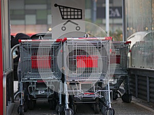 Trolleys near supermarket. Metal baskets on wheels are connected to each other