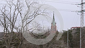 Trollhattan Church Tower Cold Moody Day in Sweden, Long Shot