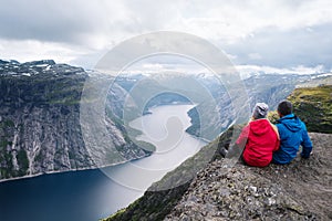 Trolltunga Hiking with view on Ringedalsvatnet lake, Norway