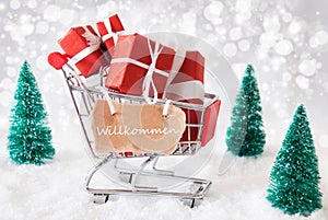 Trolly With Christmas Gifts And Snow, Willkommen Means Welcome