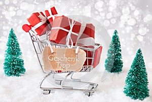 Trolly With Christmas Presents, Snow, Geschenk Tipp Means Gift Tip