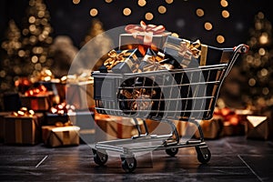 trolly shopping cart Realistic black Christmas gifts adorned with gold ribbons for a Black Friday sale