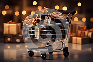 trolly shopping cart Realistic black Christmas gifts adorned with gold ribbons for a Black Friday sale