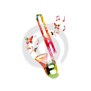 Trombone with musical notes isolated for live concert events, jazz music festivals and shows, party flyer. Musical promotional pos