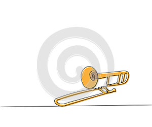 Trombone one line color art. Continuous line drawing of musical, classical, symphony, trombone, blues, instruments