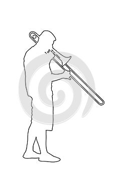 Trombone player line contour vector illustration. Music man play wind instrument silhouette.