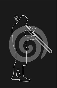 Trombone player line contour vector illustration. Music man play wind instrument silhouette. Music artist boy. Jazz man. Bugler