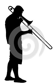 Trombone player vector silhouette. Music man play wind instrument. Music artist. Jazz man.