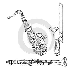 Trombone, saxophone, clarinet. Vector vintage black engraving