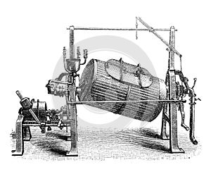 Trommel laundry washingmachine / Antique engraved illustration from Brockhaus Konversations-Lexikon 1908