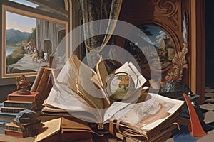 Trompe l\'oeil Still Life with an old book open and Globe , AI Generative