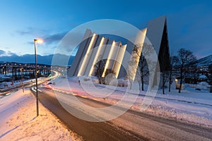 Tromso Arctic Cathedral Church in Norway at dusk twilight Amazing Norway nature seascape popular tourist attraction.