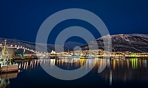 Tromso Bridge across Tromsoysundet strait at night