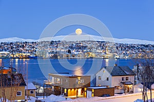 Tromso City At Full Moon In Winter Time, Norway