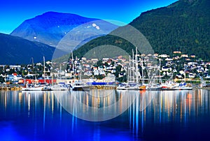 Tromso city with yachts background