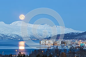 Tromso At Full Moon In Winter Time, Aerial View, Norway