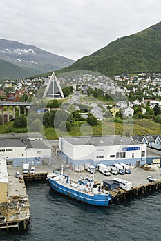 Tromso port scene with arctic cathedral and nordic houses