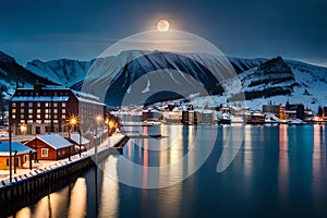 Tromso\'s Urban Nightscape: Arctic City under a Full Moon with Bridge