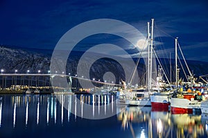 Tromso Under Full Moon At Polar Night, Norway, Tromso At Winter Time