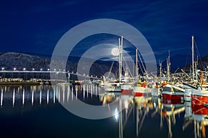 Tromso Under Full Moon At Polar Night, Norway, Tromso At Winter Time