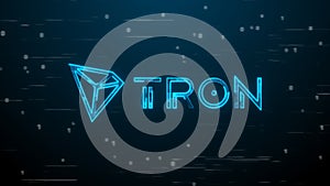 Tron TRX coin futuristic neon symbol. Binary code and speed lines background