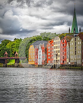 Trondheim River Nidelva Dockside Warehouses and Old Town Bridge