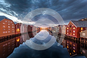 Trondheim skyline by the nidaros river (nidelva) and bakklandet