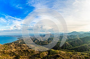 Troodos mountains panorama with Lefke town at the sea coast afar, North Cyprus